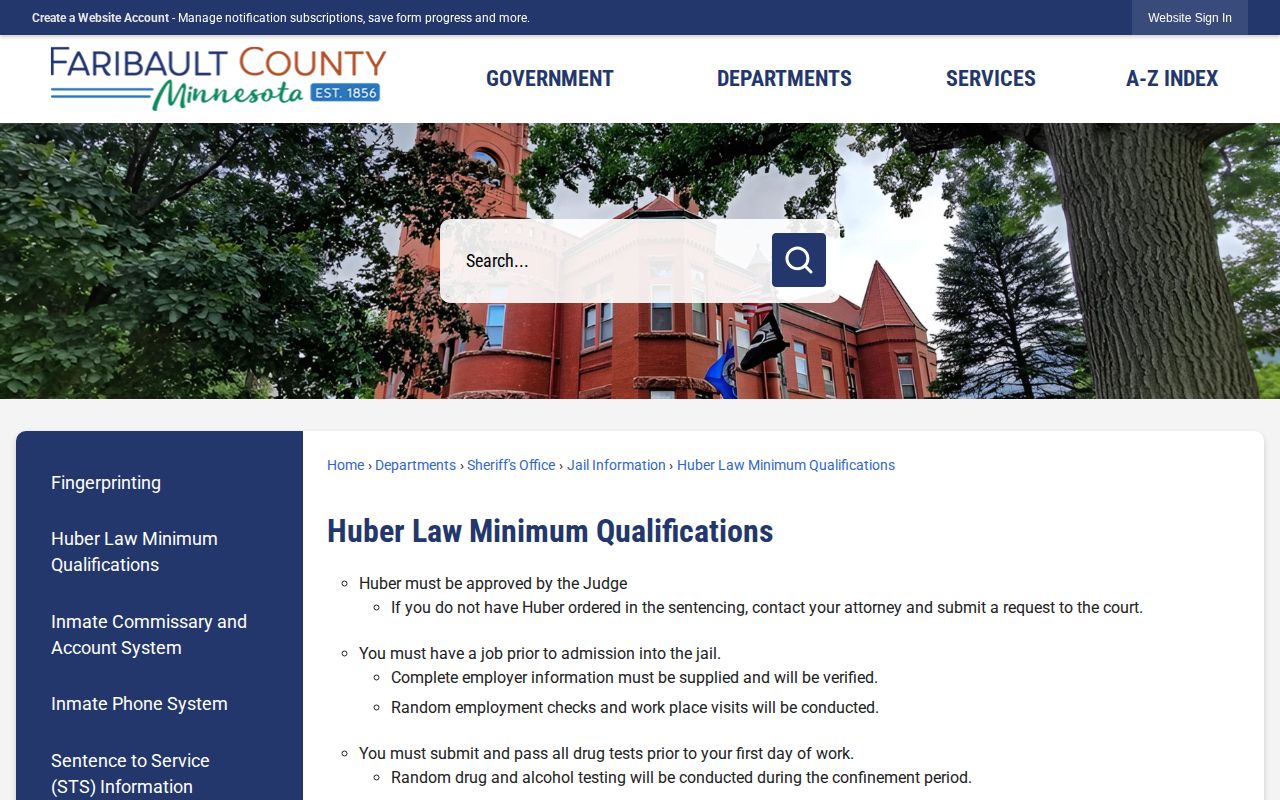 Faribault County Jail Huber temporary work release requirements