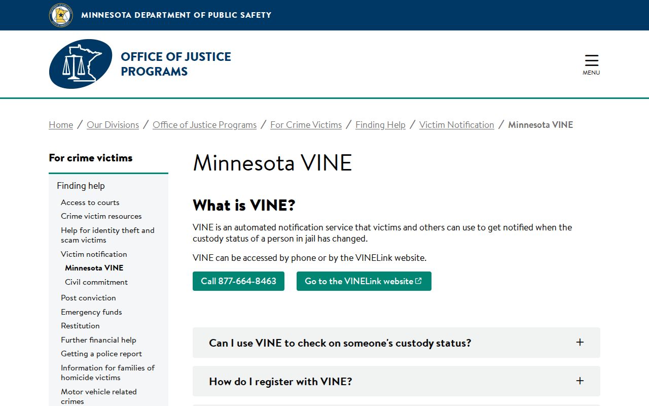 Official Minnesota VINE scope for Faribault County inmate release checks